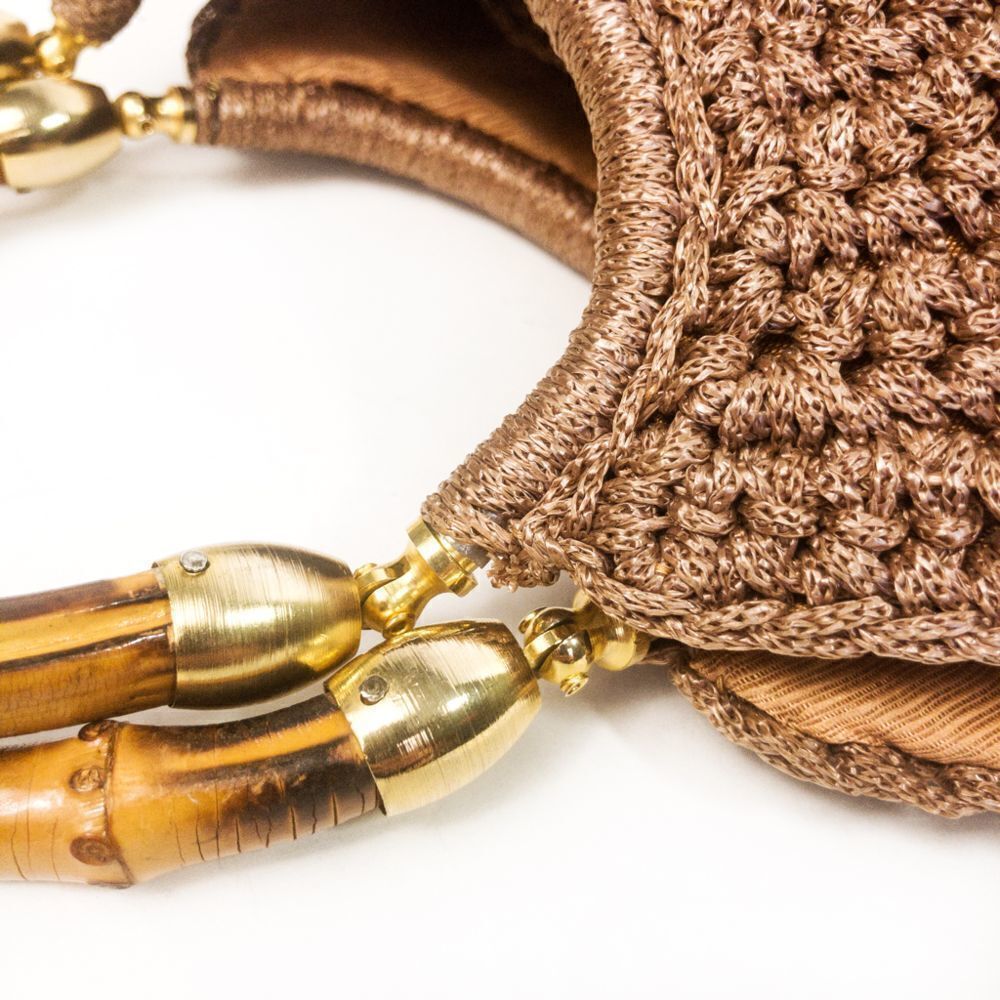 Vintage Brandeis Brown Macrame Clamshell Handbag Bamboo Handles - Picture 5 of 13